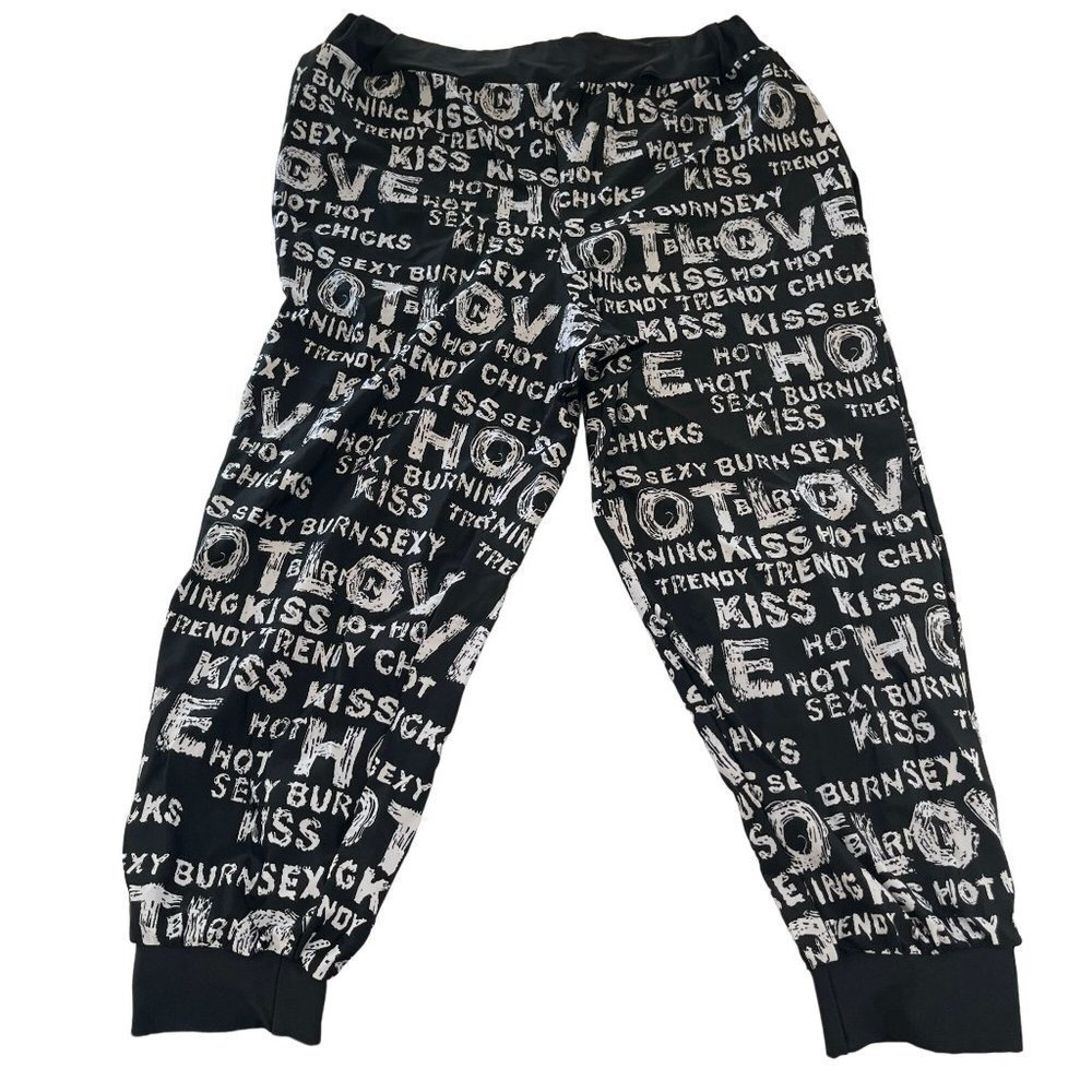 Rolita Couture Joggers Womens Size L Black‎ White Kiss Me All Over Print
